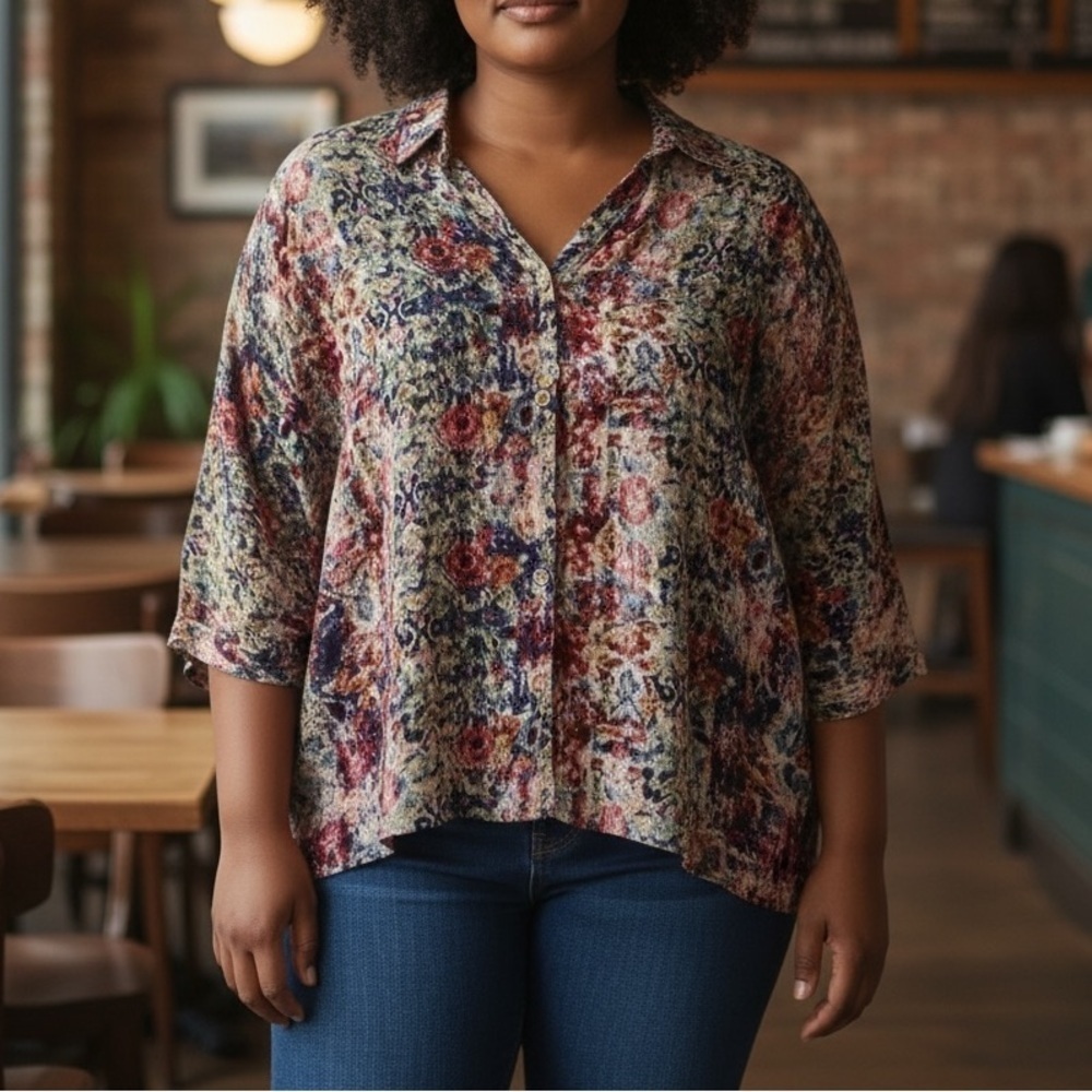 Women's 2X Button Up Colorful Soft Flowy Casual Collared 3/4 Sleeve PLUS Blouse
